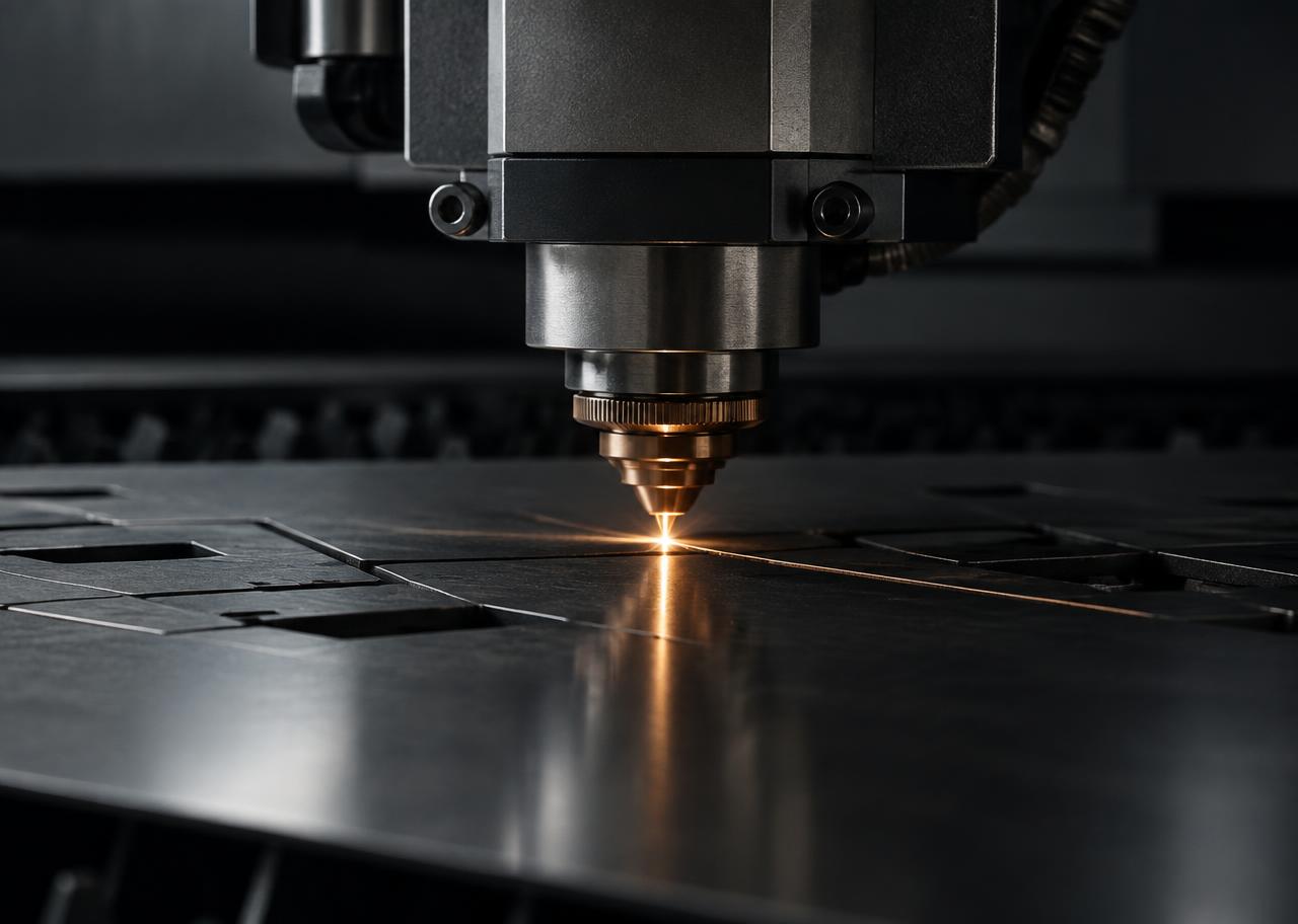 Laser cutting head over sheet metal